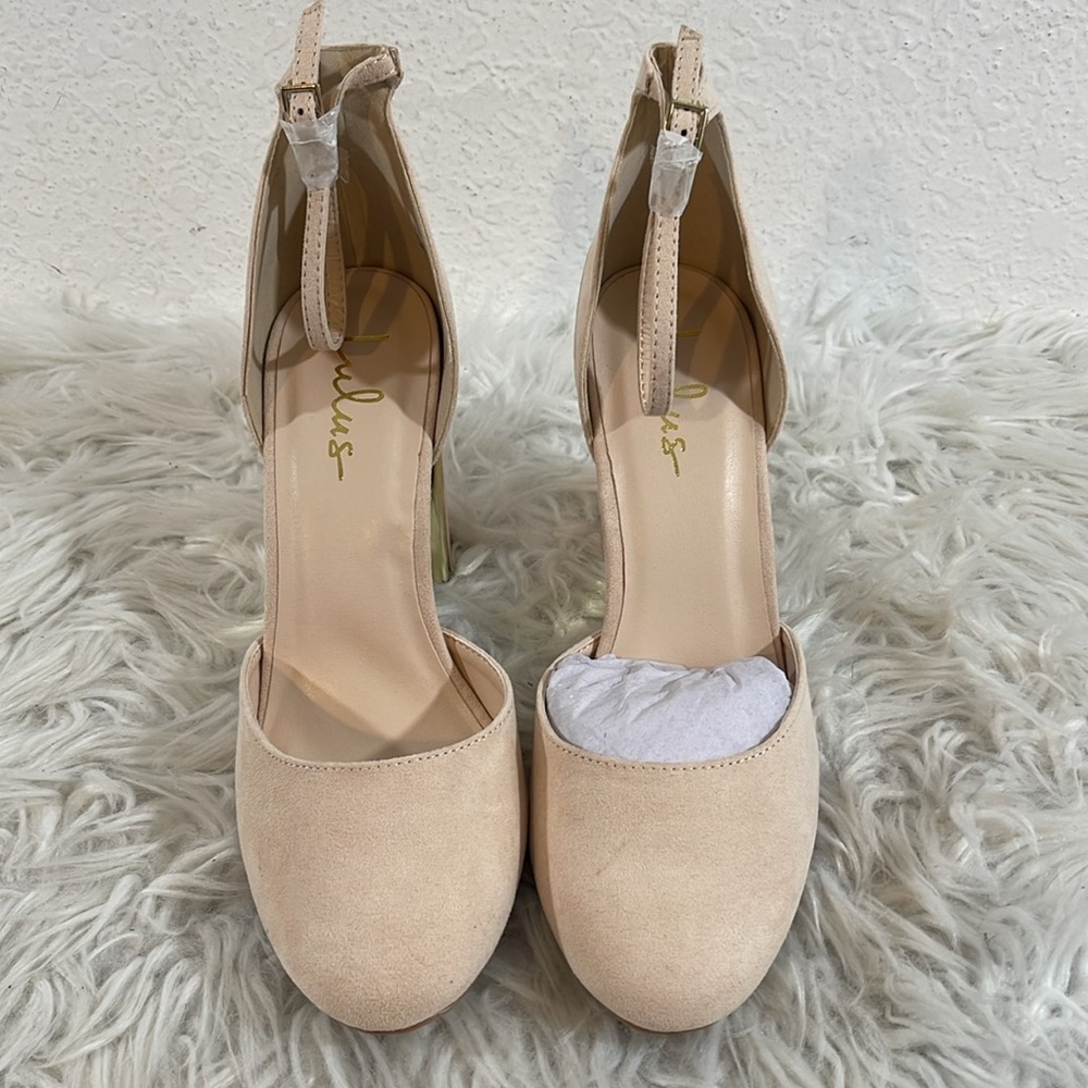 LULUS Laura Light Nude Suede Ankle Strap Chunky Heels Size 10 NEW - Picture 2 of 16
